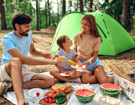 Family macht am Wochenende Picknick im Wald